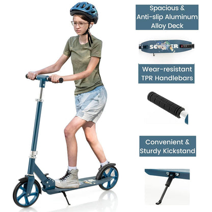 SPOTRAVEL folding kick scooter for kids, featuring adjustable handlebars, rear brake, and lightweight design for ages 8+.