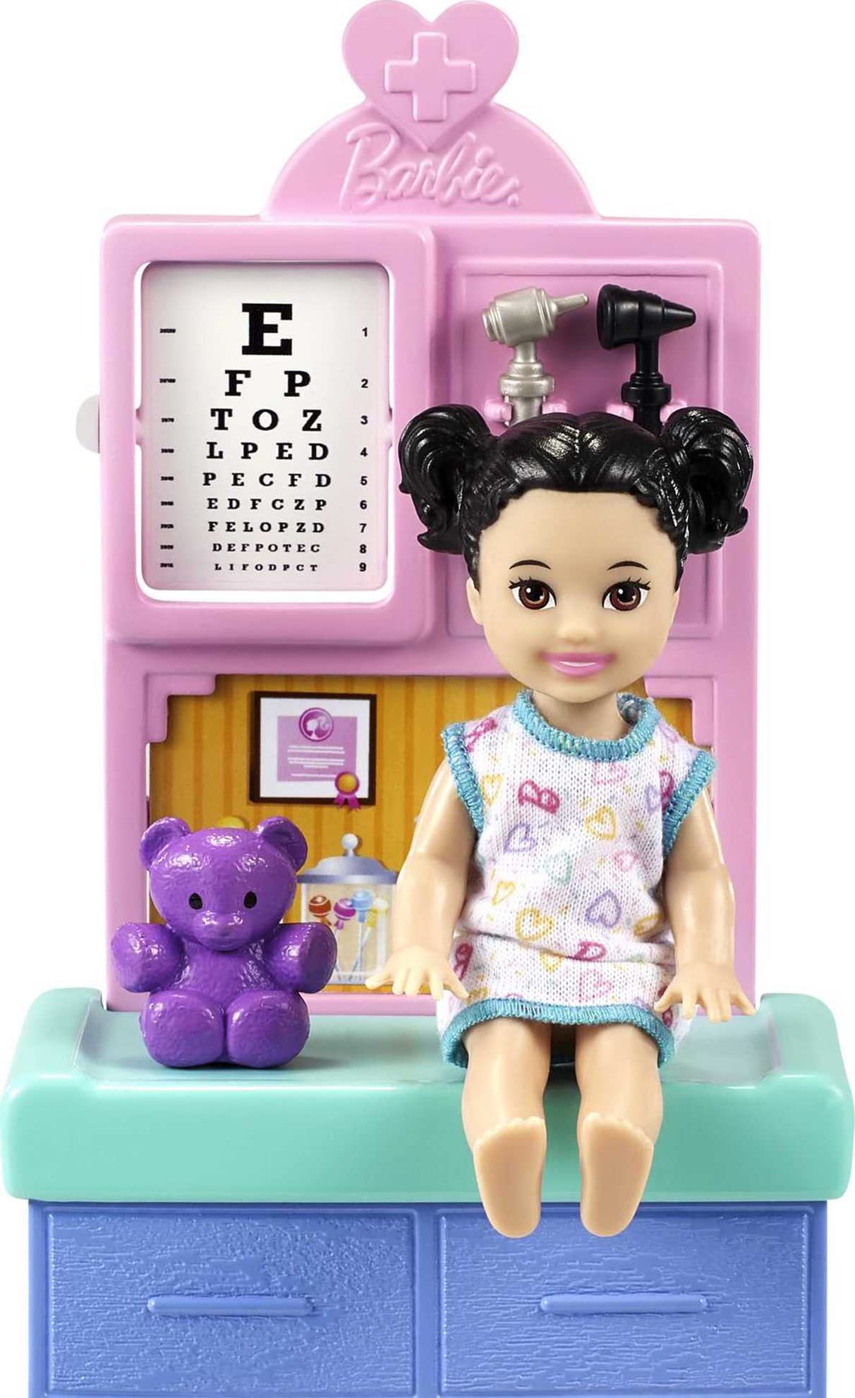 Blonde Barbie Pediatrician Playset with exam table, stethoscope, x-ray, clipboard, patient doll, teddy bear for children ages 3+