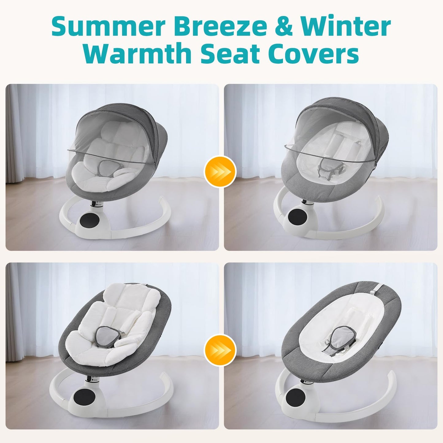 Cozydwells electric baby swing chair in grey with Bluetooth, touch screen music speaker, remote control, 5 swing speeds, and portable design.