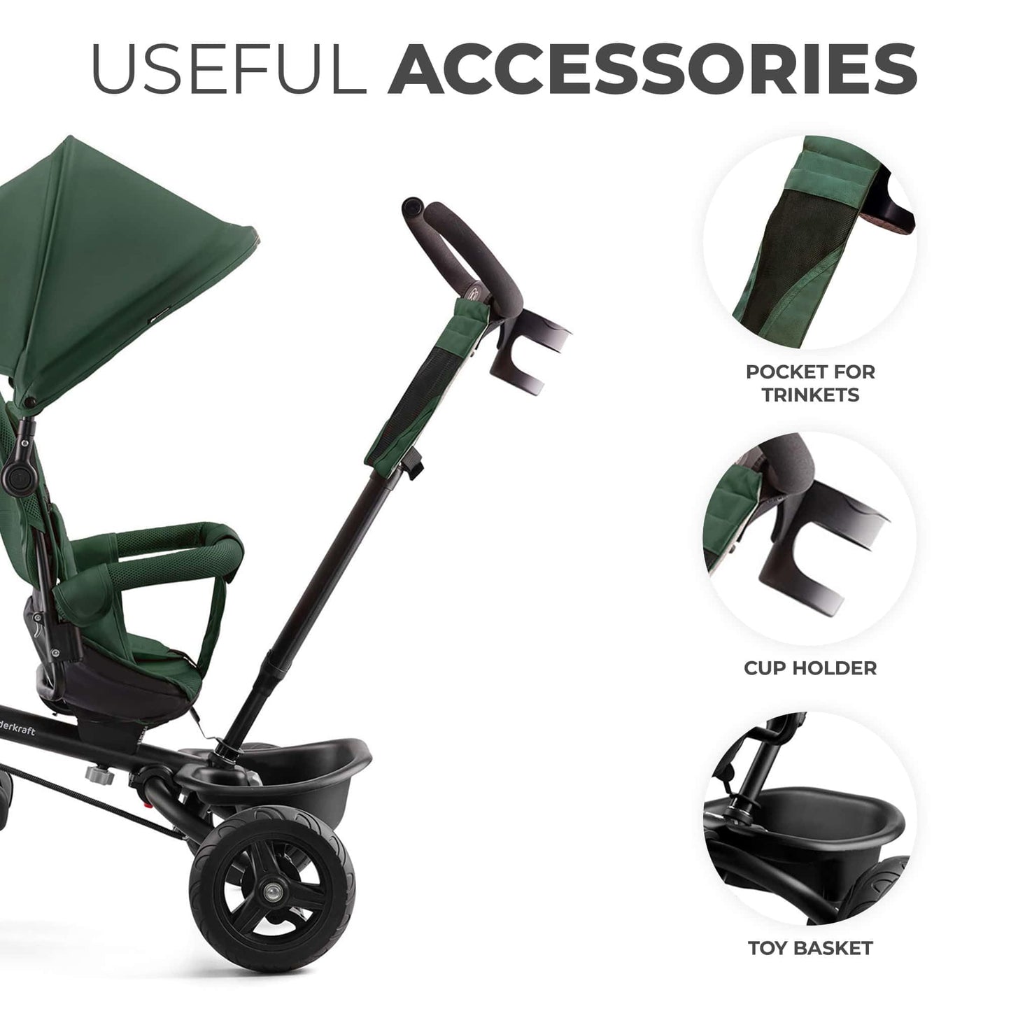 Kinderkraft AVEO Trike from 9 Months to 5 Year, Tricycle with adjustable parent handle, Trike for baby kids toddler, Foldable, Free Wheel Function, Protection from Sun, Cupholder, Toy basket, Green
