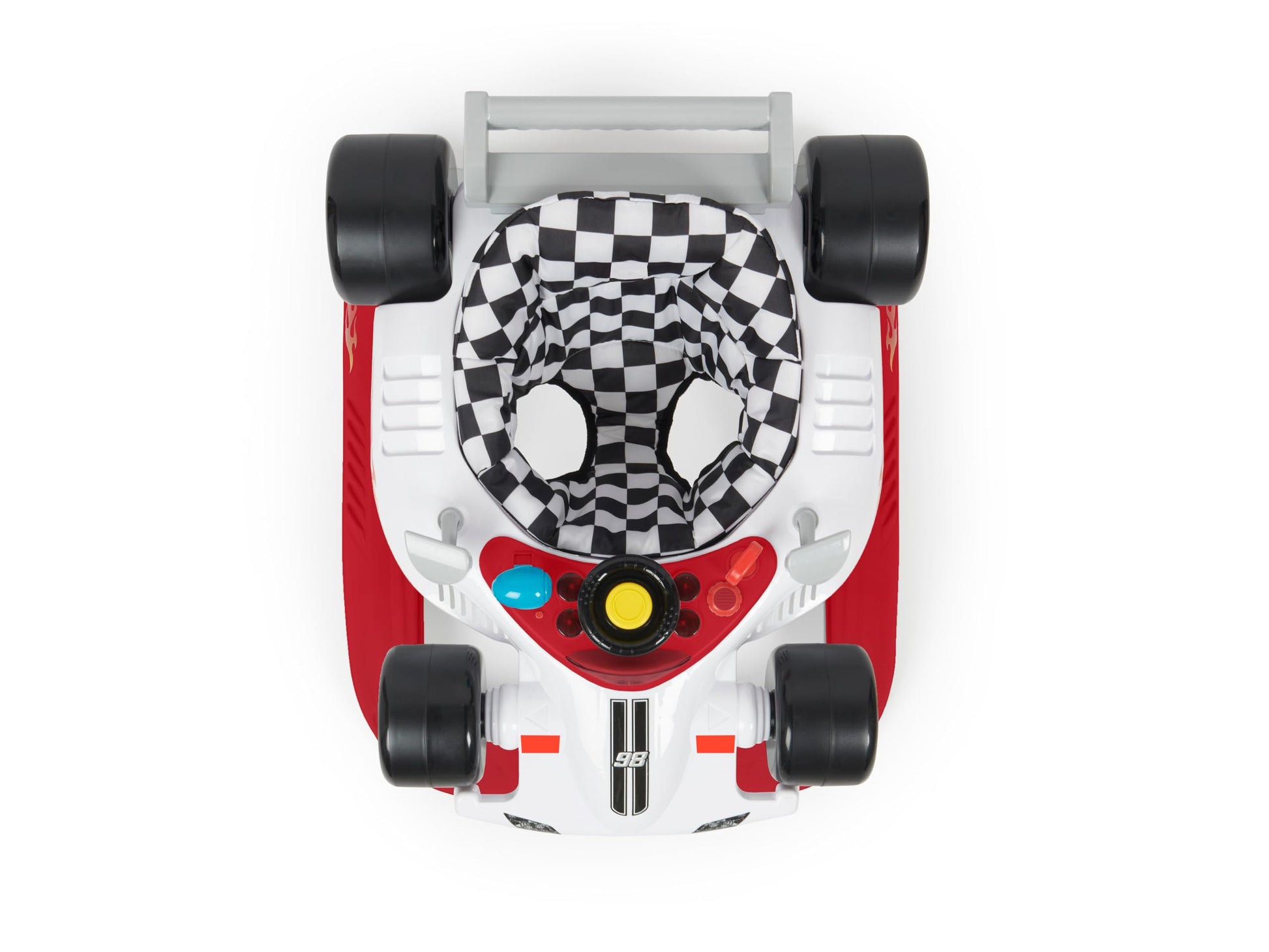 Babylo Racer Baby Walker with adjustable height, white and red color, featuring a sturdy frame and easy-to-move wheels.