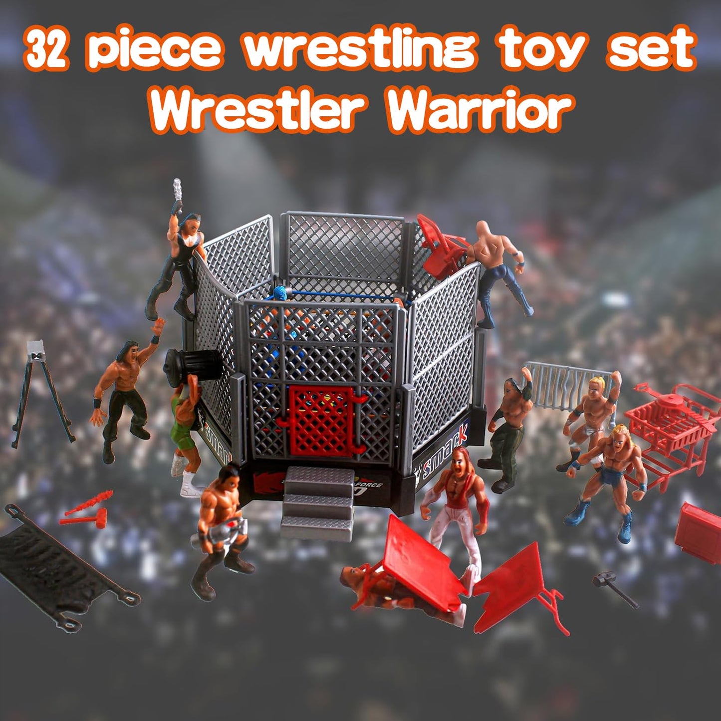 MyrkalaToy 32 Pieces Wrestling Toys Set - 12 Mini Wrestlers Action Figures With 20 Realistic Accessories - Gifts for Boys and Girls
