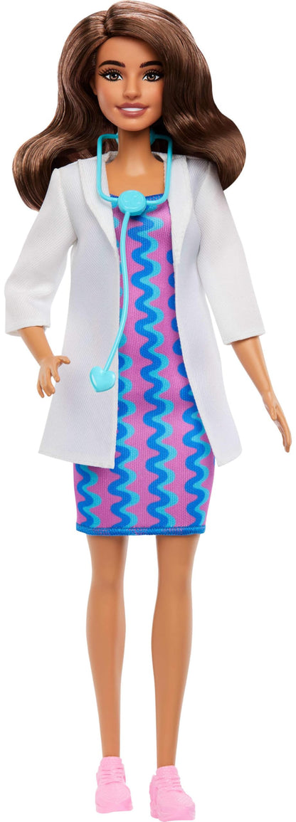 Barbie Careers Doctor Fashion Doll wearing white coat, dress, shoes, with stethoscope accessory, photo showing front view.