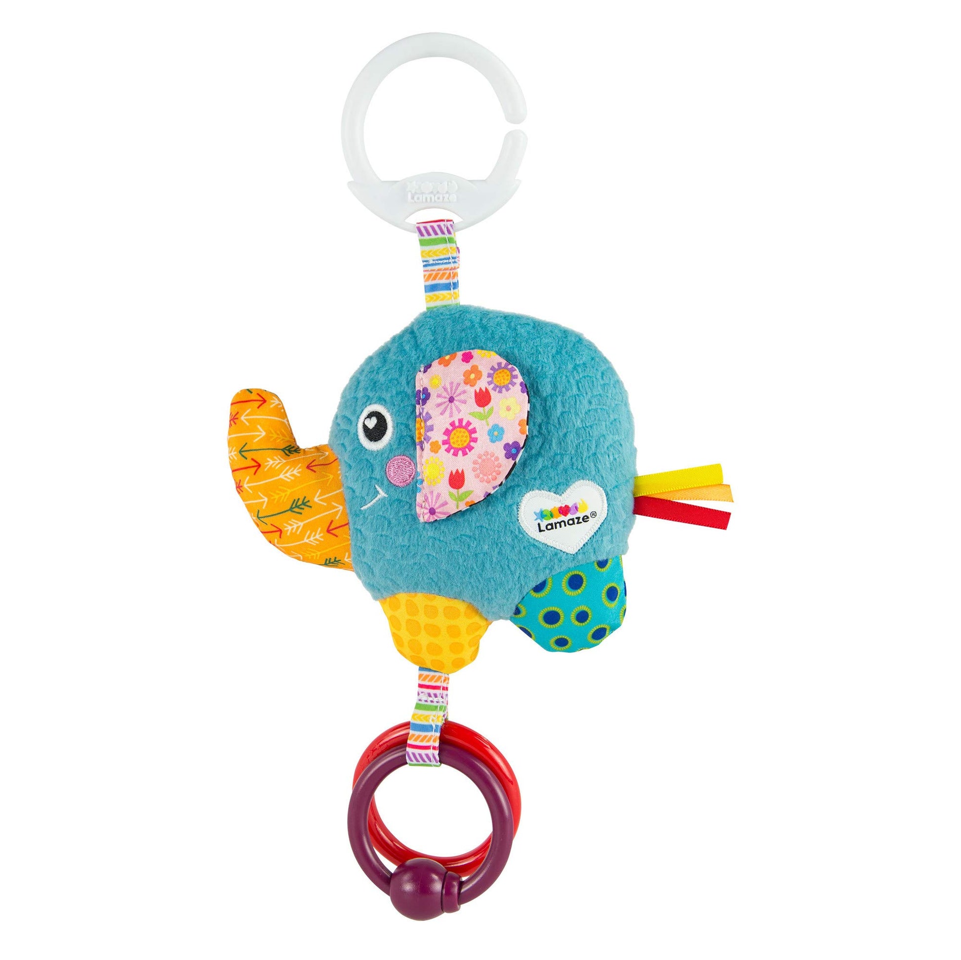 LAMAZE Mini Eloy the Elephant baby toy clipped to a pushchair, sensory toy for newborns 0-6 months, colorful and soft fabric.