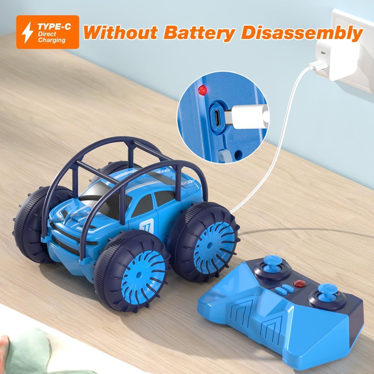 MaxTronic Direct Charging Remote Control Car for Kids, Amphibious RC Cars Toy 2.4G 360° Flips Rotation 15KM/H 4WD All Terrain Stunt Car with Ajustable LED for Boys Girls 3-12 Years Old