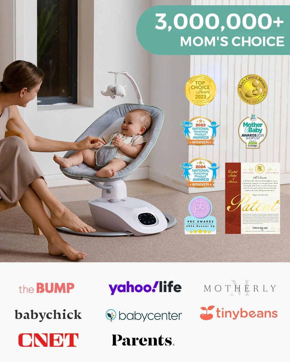 Momcozy CocoSway baby swing with 3D motion, remote, 6 movements, 4 speeds, and lullabies, suitable for infants and toddlers up to 20 lbs