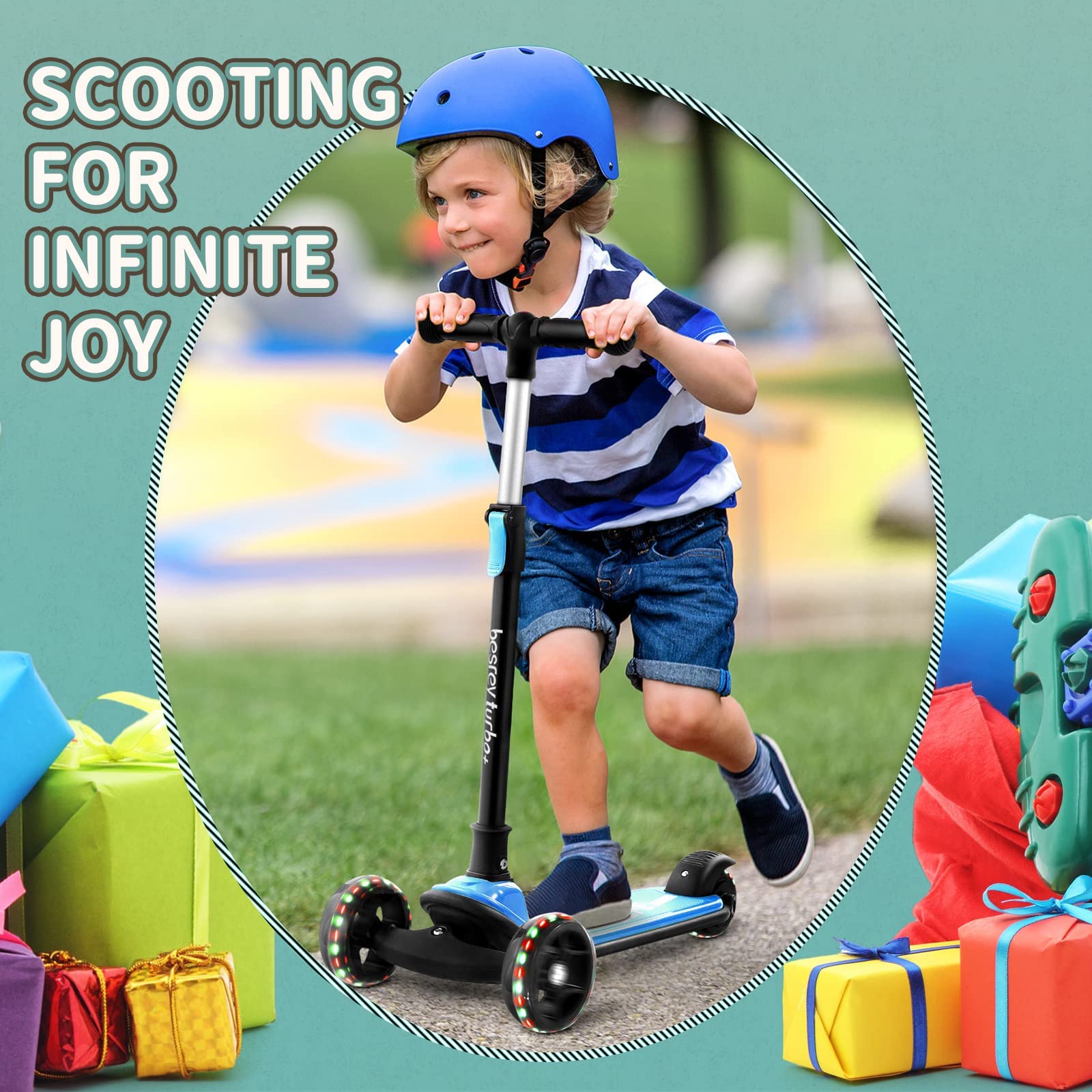 besrey kids scooter with big wheels, flashing LED lights, adjustable height, and three wheels for safe riding for children ages 3-10