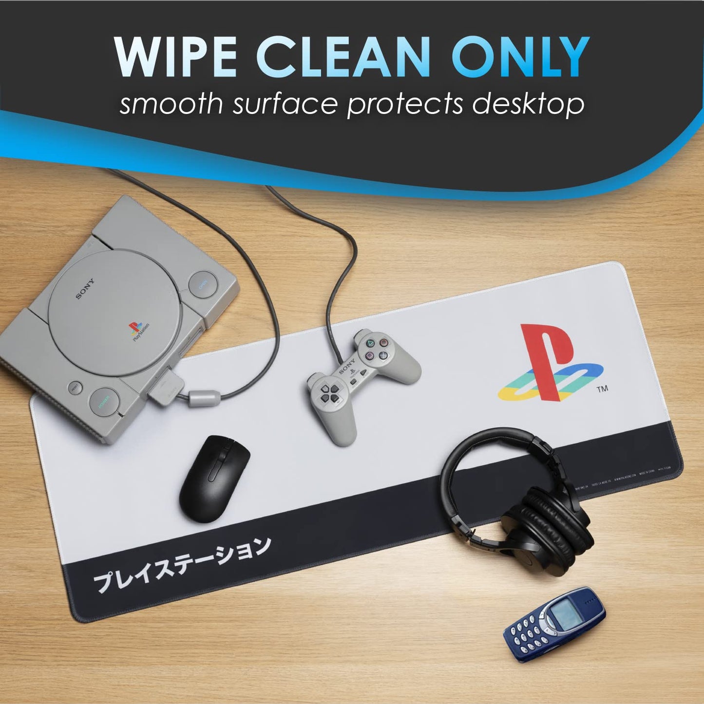 Paladone PlayStation Heritage desk mat featuring Sony logo, large non-slip surface, ideal for gaming and office setups