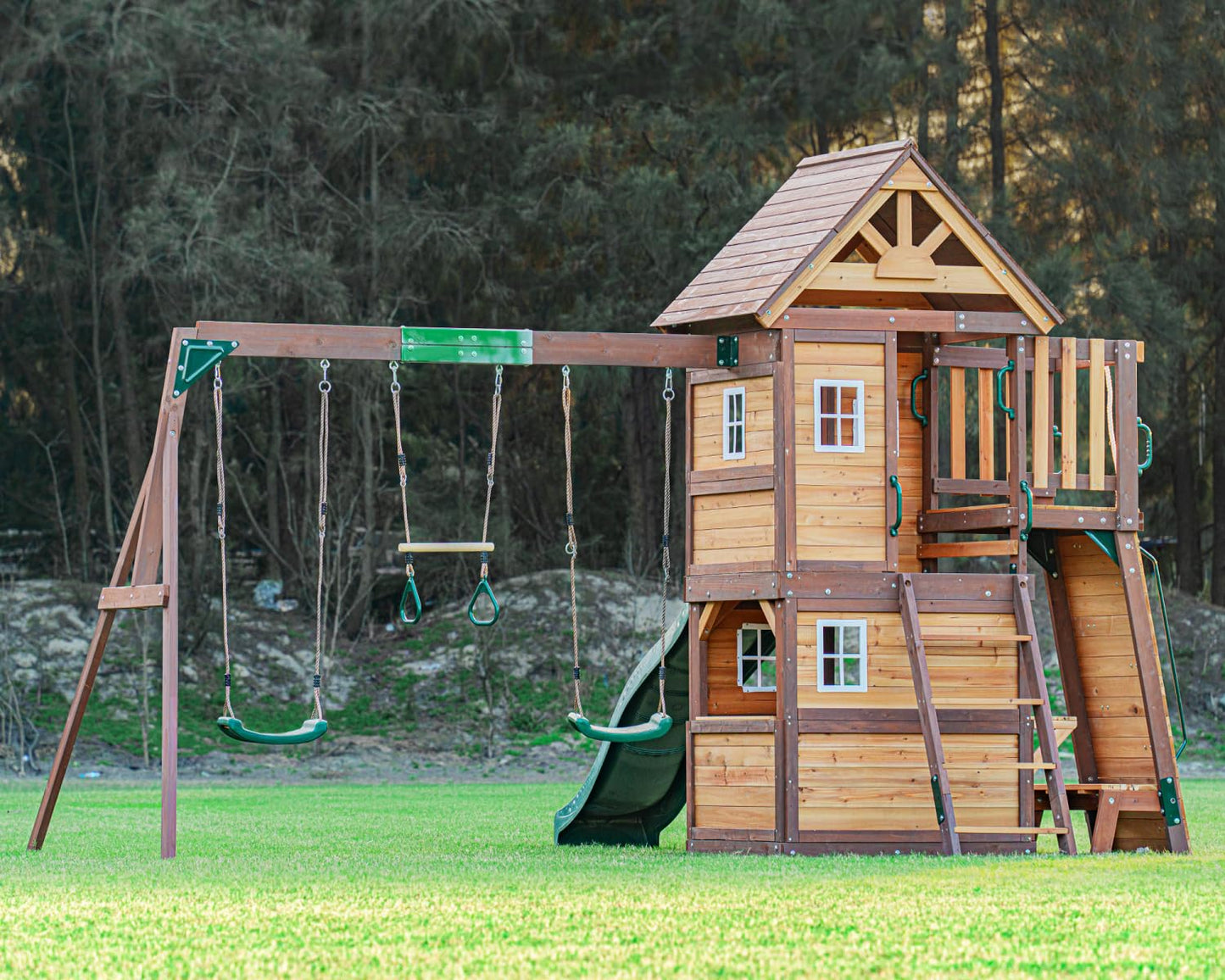 DOLPHIN PLAYGROUND T Swing Set for Backyard with Slide, 2 Swings, Trapeze Bar, Climbing Wall, Play house for Kids Outdoors with Kitchen Toys and Wooden Roof – Cedar Wood Outdoor Playset for Ages 3+