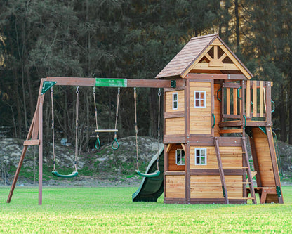 DOLPHIN PLAYGROUND T Swing Set for Backyard with Slide, 2 Swings, Trapeze Bar, Climbing Wall, Play house for Kids Outdoors with Kitchen Toys and Wooden Roof – Cedar Wood Outdoor Playset for Ages 3+