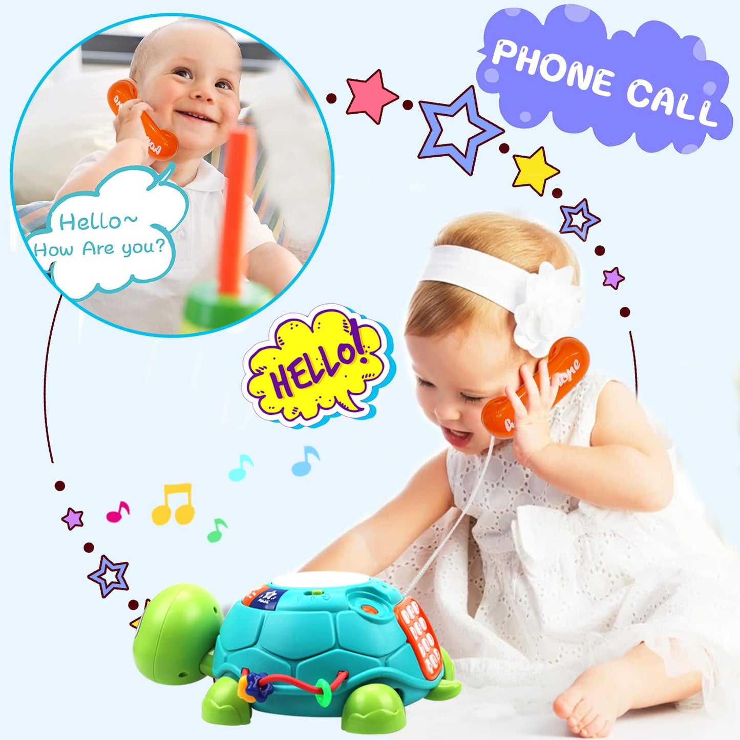Kaybolge Baby Toys Crawling Turtle Sensory Toys for Babies Toddler kids Infant Girls Boys Musical Phone Learning Educational Lights/Music/Number Letter Christmas Valentines day Birthday Toy Gift