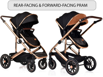 3 in 1 Travel System Baby Pram Buggy with Car Seat Pushchair Carriage Child Lightweight Folding Stroller for Newborns Toddlers from Birth up to 22kg New 2025 Style (BB1 - Black Gold, BB1)