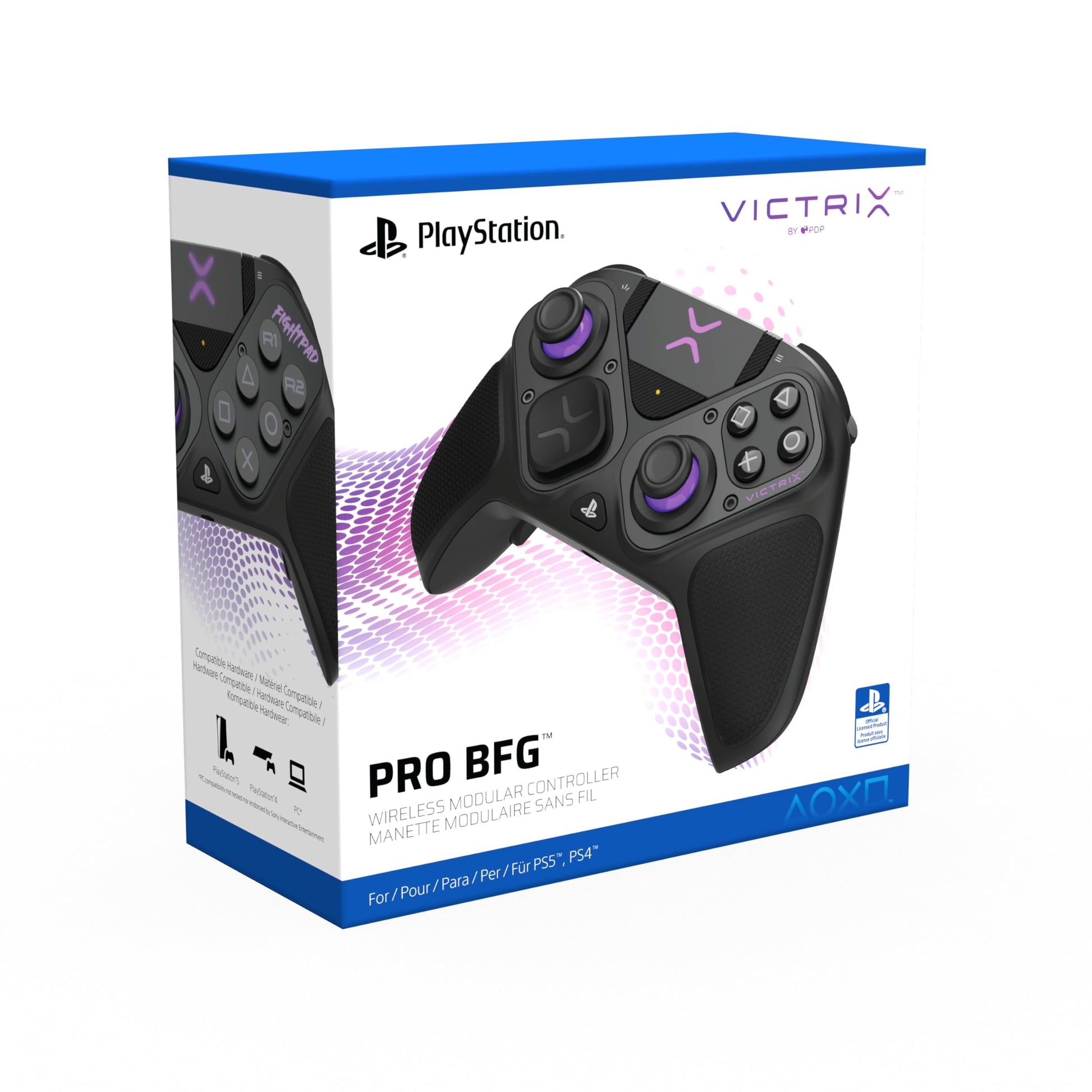 PDP Victrix ProCon BFG wireless controller for PS5, PS4, and PC with ergonomic design and multiple control buttons.