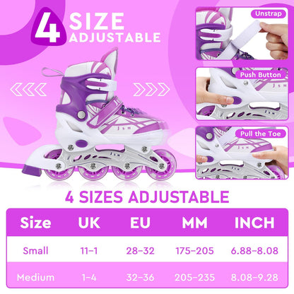 Kids Inline Skates Girls, Adjustable Roller Skates Blades with Light Up Wheels for Beginners Girls (Purple, Medium (UK 1-4))