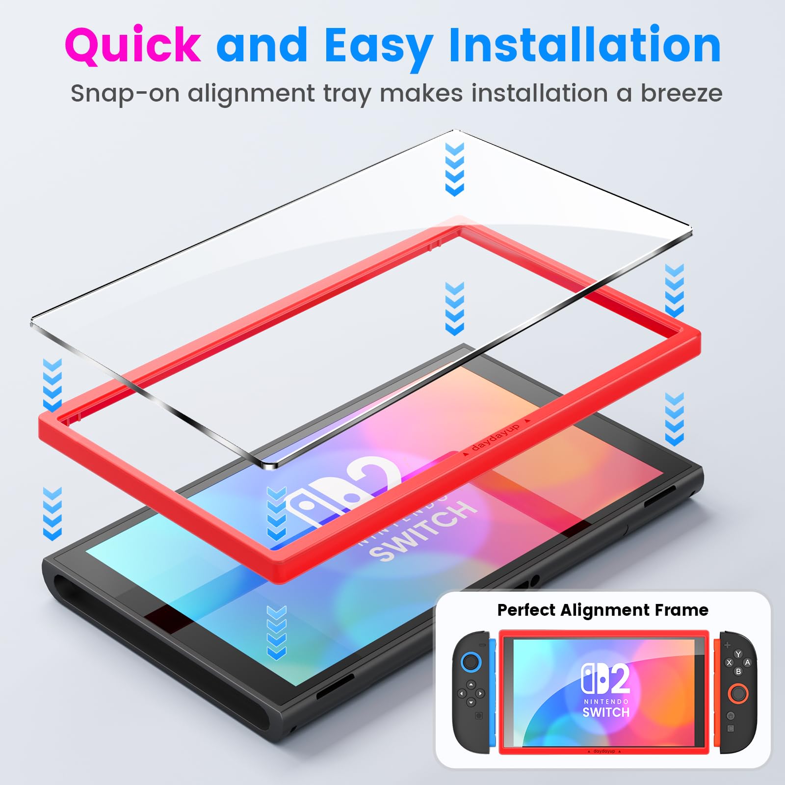 Black daydayup Switch 2 hard travel case with two tempered glass screen protectors and guiding frame for Nintendo Switch 2 console.