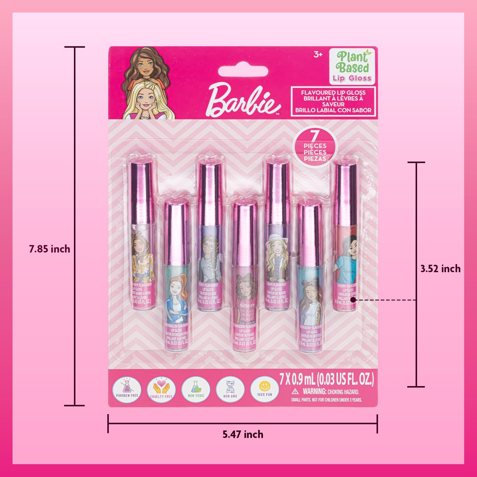 Barbie 7-piece plant-based lip gloss set for girls, featuring colorful tubes ideal for parties and sleepovers by Townley Girl.
