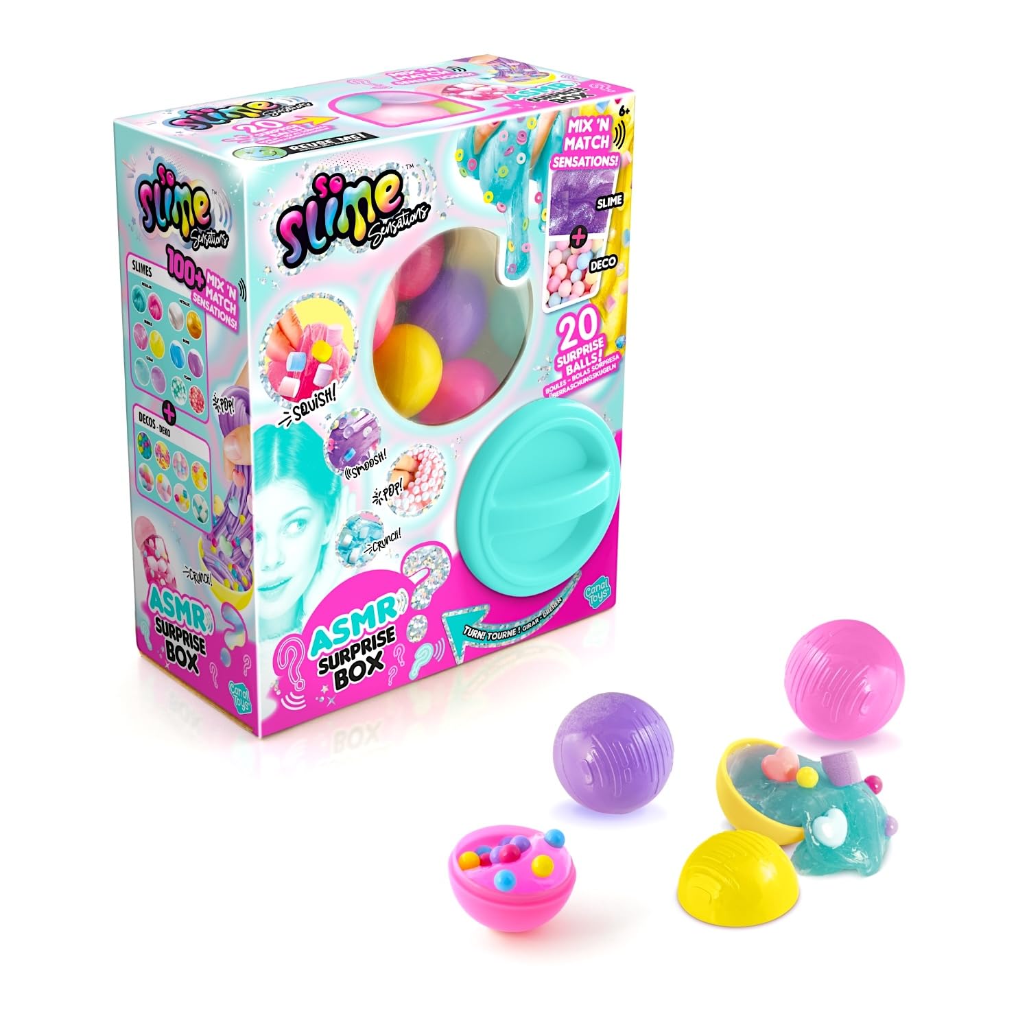 So Slime ASMR Surprise Box with 20 slime dispenser balls, compounds, decorations, and vending machine display for sensory play.