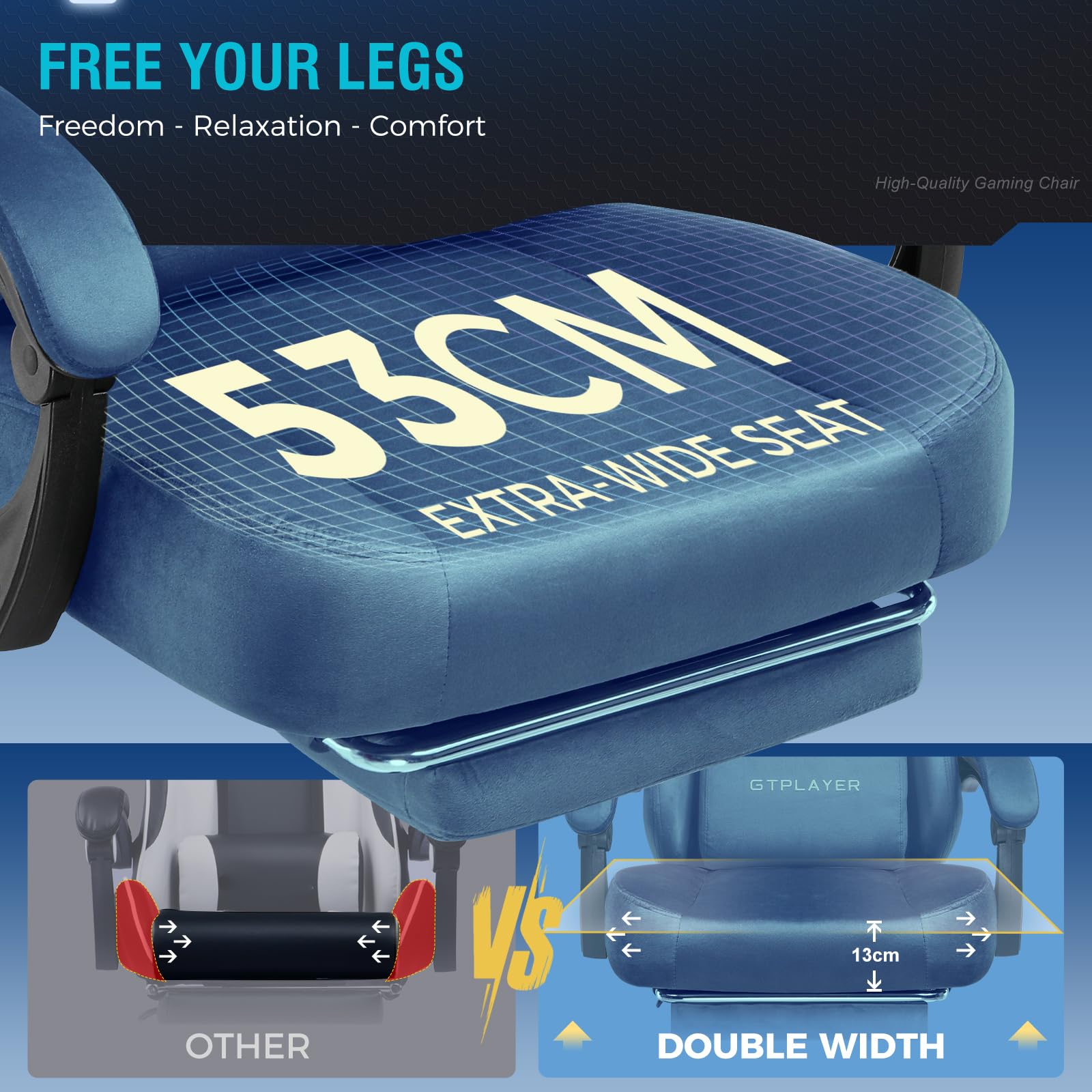 GTPLAYER gaming chair with breathable fabric, adjustable backrest and extendable footrest, in blue, ergonomic office seating