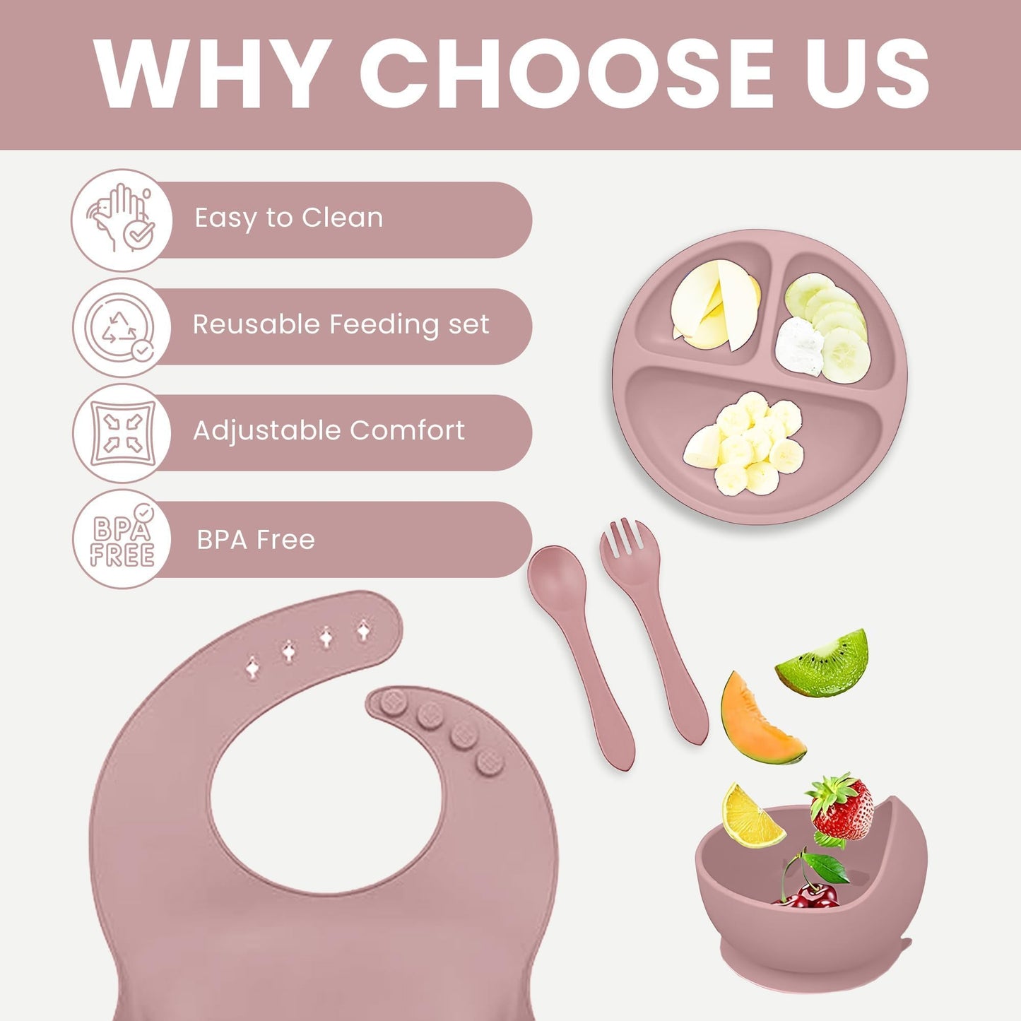 Indique Baby Weaning Set - 11 Pcs Silicone Baby Feeding Set with Suction Plate, Weaning Kit with Adjustable Bib, Fork, Spoon, Fruit Feeder & Toothbrush – Ideal Weaning Set Gift (Light Pink)