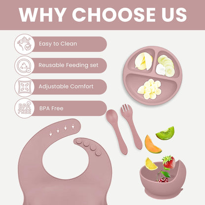 Indique Baby Weaning Set - 11 Pcs Silicone Baby Feeding Set with Suction Plate, Weaning Kit with Adjustable Bib, Fork, Spoon, Fruit Feeder & Toothbrush – Ideal Weaning Set Gift (Light Pink)
