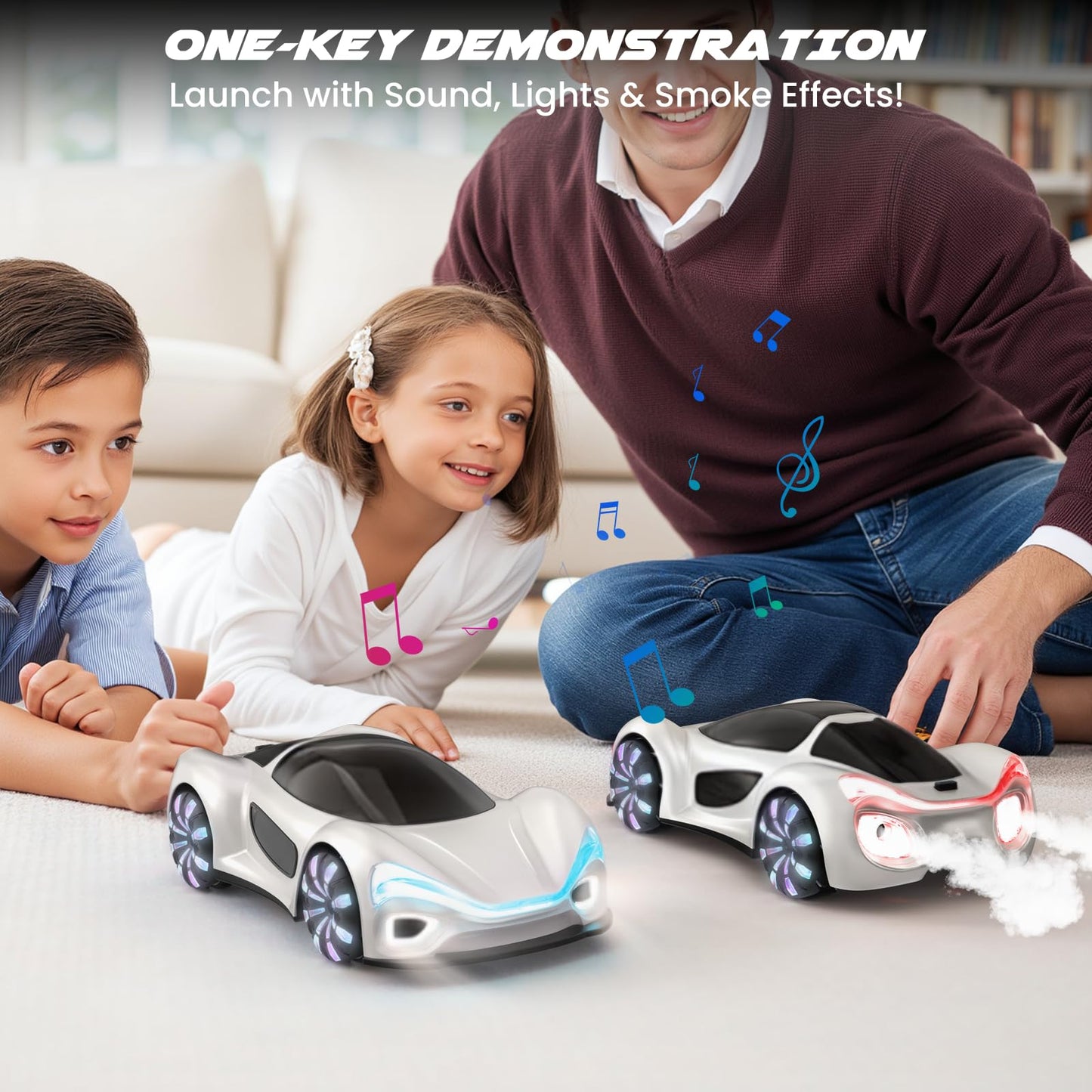 SIMREX Remote Control Car 360° Drift Stunt RC Cars with LED Wheels Spray Lights Demo Mode 2.4GHz for Adults Boys Girls Age 6+ Kids Birthday Gift Toys, White