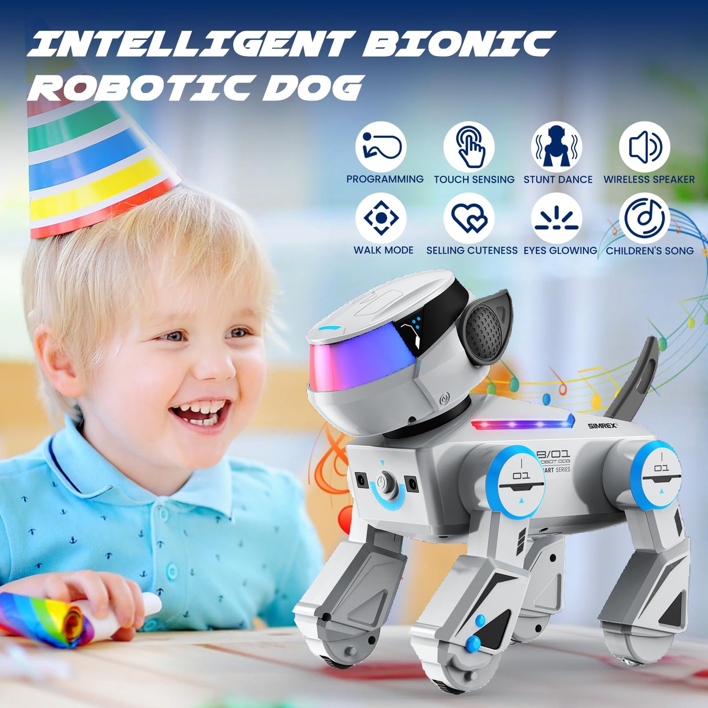 SIMREX Robot Dog Toys for Kids, Interactive Smart Robotic Dog with Touch Sensor, Bluetooth Remote Control, Dancing Tricks, LED Eyes, Birthday Gift for Boys and Girls(Grey)