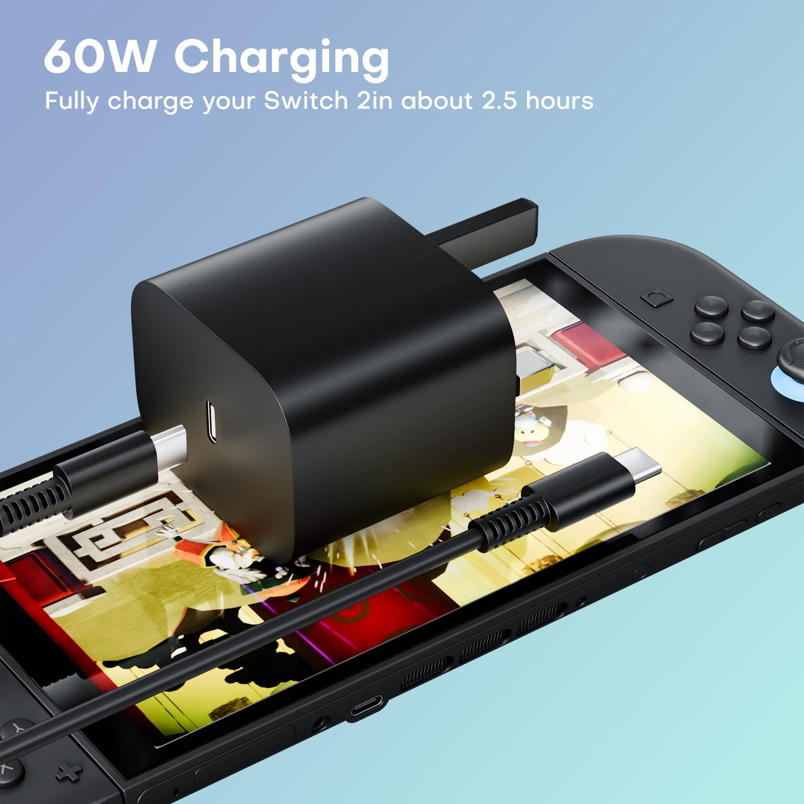 Gqohrt 60W Nintendo Switch charger with USB-C cable, supports Switch OLED, Lite, Switch 2, Steam Deck, and TV dock mode.