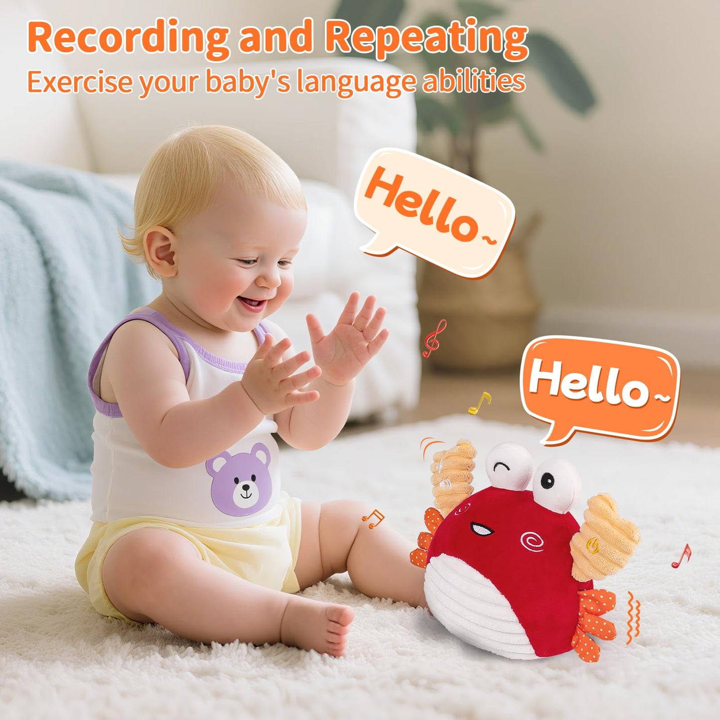 nicknack Crawling Crab Baby Toy 6 to 12 Months, Musical Dancing Crab Sensory Plush Toddler Toys for Babies 1 2 Year Old Boy Girl Birthday Gifts - Adjustable Volume,100 Songs & Recording Feature