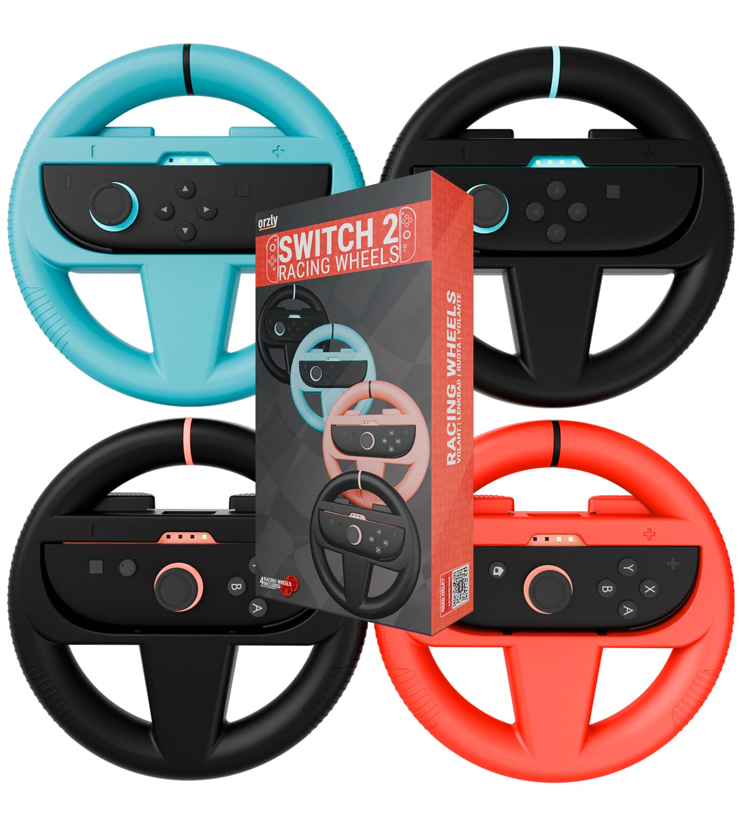Orzly racing steering wheels for Switch Joy-Con controllers, includes 4 colorful attachments in black, blue, and red for racing games.