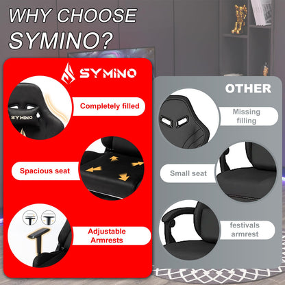 Symino gaming chair in black with adjustable headrest, lumbar support, footrest, and height-adjustable rotating design