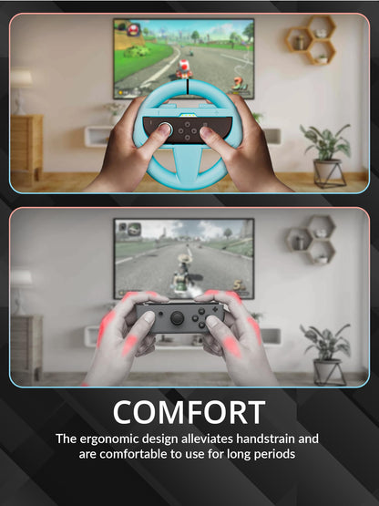 Set of four Orzly racing steering wheel attachments for Nintendo Switch Joy-Con controllers in black, blue, and red, for racing game gameplay.