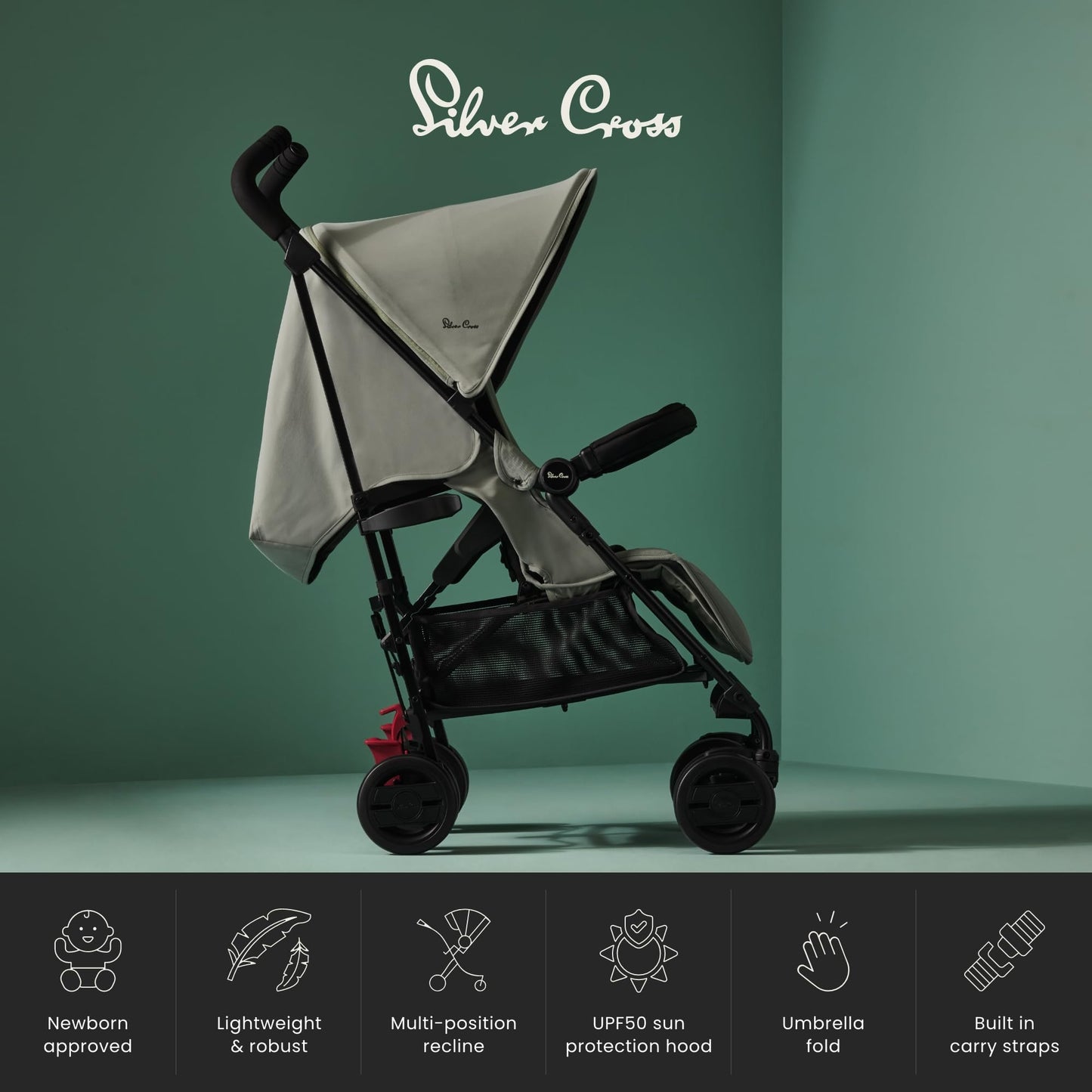 Silver Cross - Pop 2 Pushchair - Foldable Travel Stroller - Buggy - Adjustable/Lie Flat Seat - Newborn to 4 Years - Sage