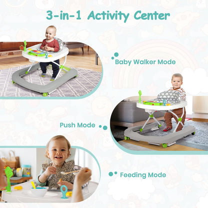 Hadibio Baby Walker in grey with foldable design, adjustable height, music, lights, removable play tray, and convertible push walker for infants