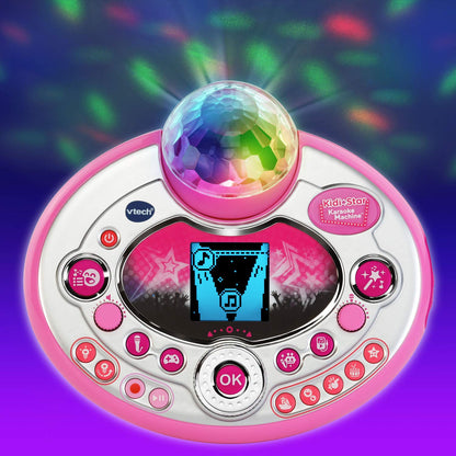 VTech Kidi Star karaoke system in pink with two microphones, mic stand, and AC adapter for kids' singing fun.