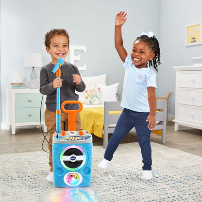 VTech Kidi Superstar Jr. karaoke machine with colorful microphone and built-in music buttons for kids' singing fun.