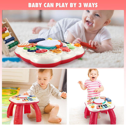 Cemirk baby activity table in red, featuring musical toys and engaging activities for infants and toddlers aged 6-36 months.