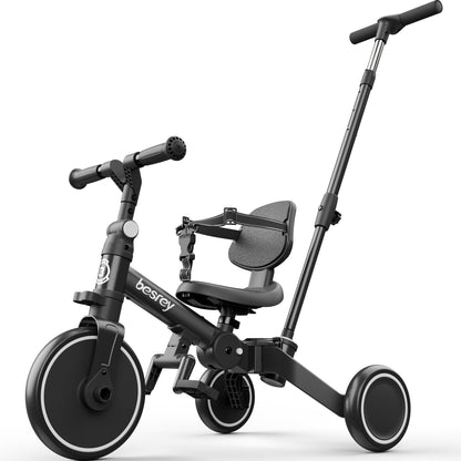 besrey toddler bike with parent-controlled push handle, foldable tricycle for 1-3 years old, adjustable seat in black.