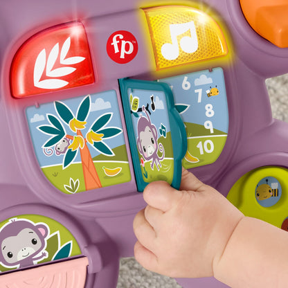 Fisher-Price Baby Walker with purple monkey toy featuring music, lights, and activities for infants and toddlers 6+ months.