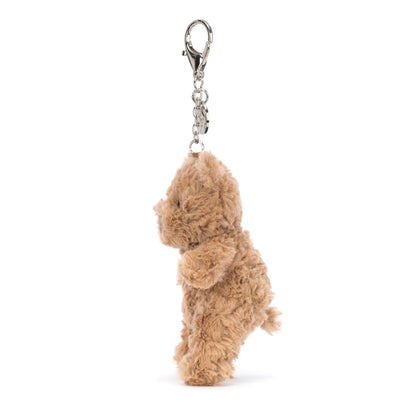Jellycat Bartholomew Bear bag charm, a cute plush bear with a soft texture, measuring 5cm x 6cm x 12cm.