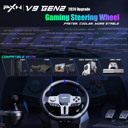 PXN V9 Gen2 Gaming Steering Wheel with Pedals and Shifter - 270°|900° Racing Wheel, Vibration Feedback, Hall Effect Pedal, Paddle Shifters, Tools APP - Steering Wheel for PC, PS3, PS4, Xbox
