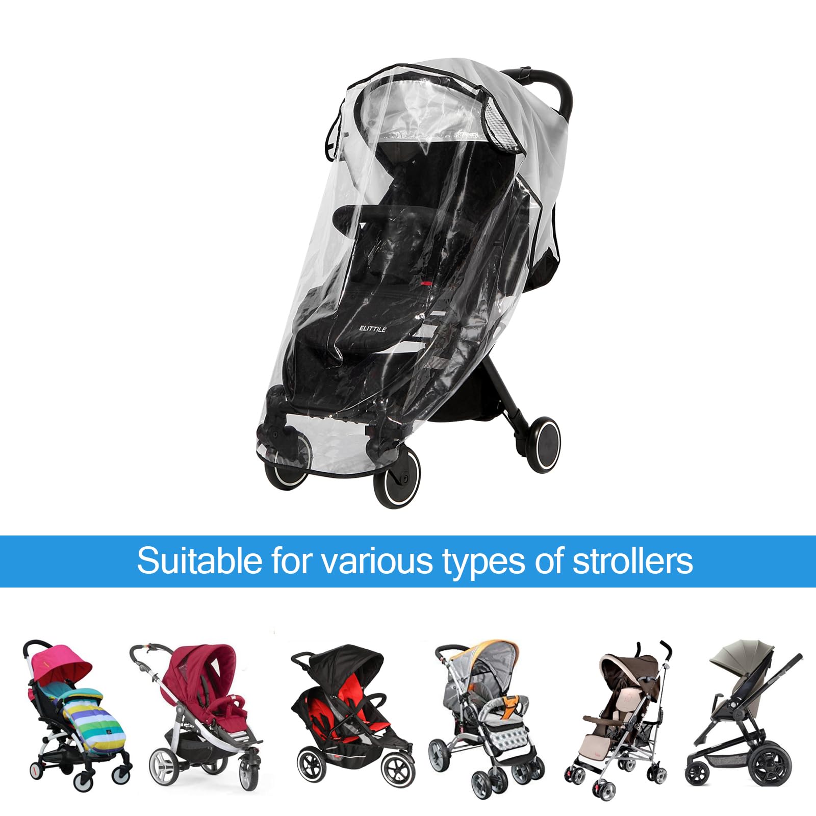 Hrzeem universal pushchair rain cover, windproof and waterproof, protects against sun, dust, and snow for strollers.