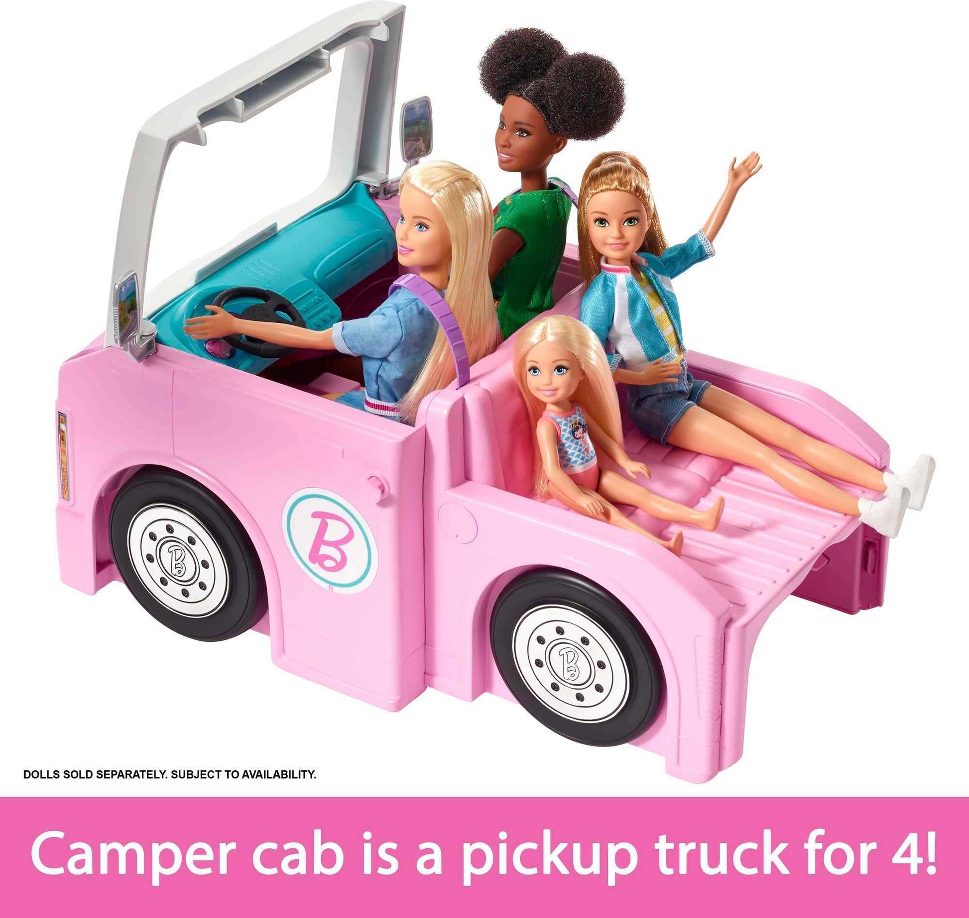 Barbie 3-in-1 Dream Camper doll playset with accessories, transforming into truck, boat, and house, includes a swimming pool.