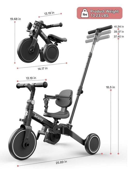 Black besrey toddler bike with parent-controlled push handle, removable pedals, and adjustable seat for ages 1-3.