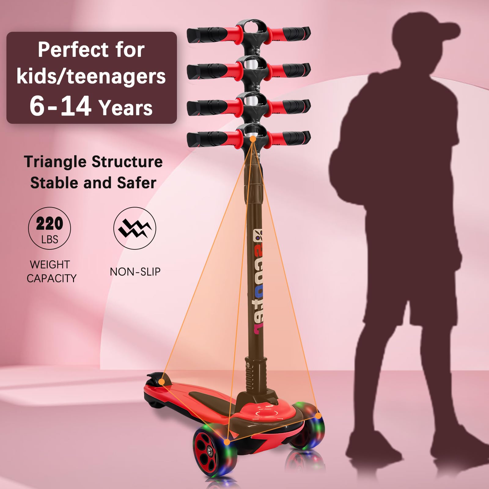 SIMEIQI 3-wheeled kick scooter for kids, featuring adjustable height and flashing LED wheels in vibrant colors.