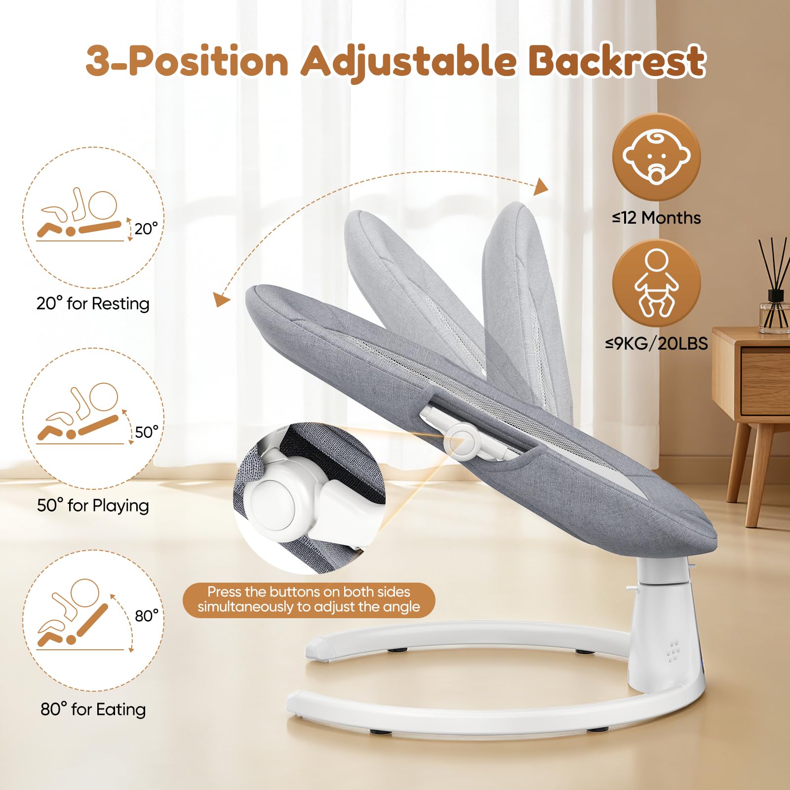 Helangel baby swing for infants and toddlers with Bluetooth music, 5-speed settings, 3-seat positions, and 5-point harness.