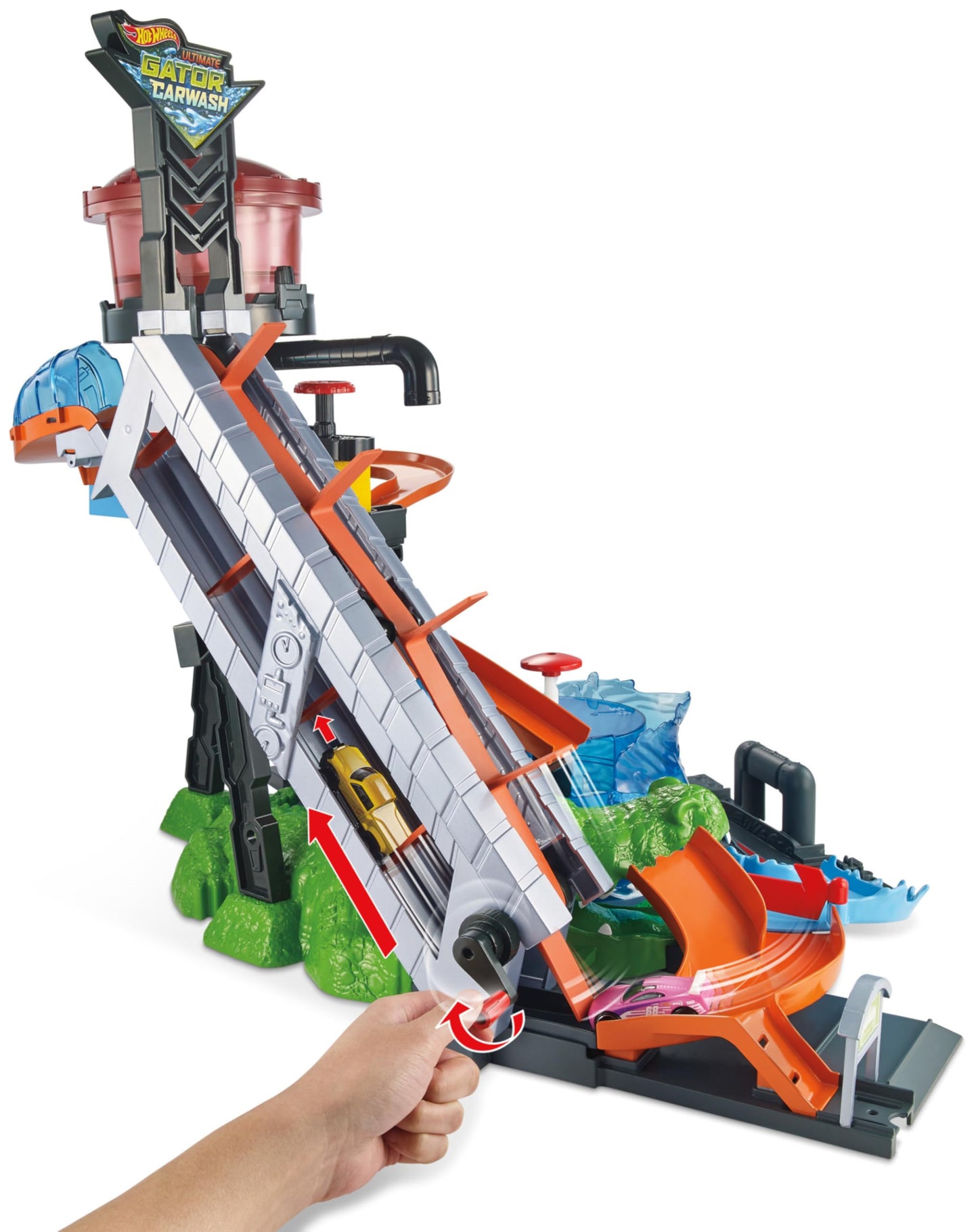 Hot Wheels Ultimate Gator Car Wash ,manual crank elevator, crazy track, water tower, whirlpool dunk tank, and 1 Colour Shifters car, FTB67