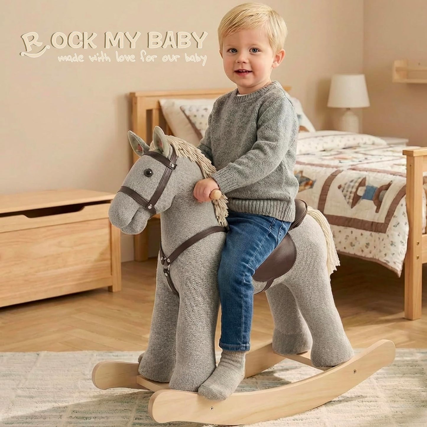 Rock My Baby Rocking Horse, Grey Wooden Horse with Sound Effects,Ride-on Toy,Balance Toy (Grey)