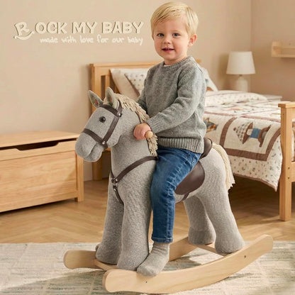 Rock My Baby Rocking Horse, Grey Wooden Horse with Sound Effects,Ride-on Toy,Balance Toy (Grey)