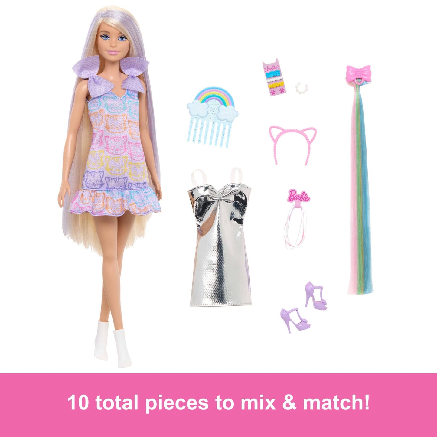 Barbie Fun & Fancy blonde fashion doll with long hair, silver metallic dress, and hair extension accessories.
