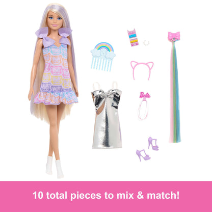 Barbie Fun & Fancy blonde fashion doll with long hair, silver metallic dress, and hair extension accessories.